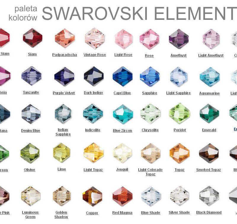 Paleta kolorów kryształów Swarovski Elements Biconew_sPaleta kolorów kryształów Swarovski Elements Bicone