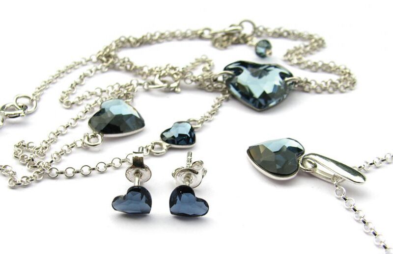 Komplet serce - wisior, bransoletka i kolczyki Swarovski w kolorze denim blue srebro