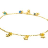 Złota bransoletka na stopę z kryształkami Swarovski w kolorze lata: niebieskimi, zielonymi żółtymi