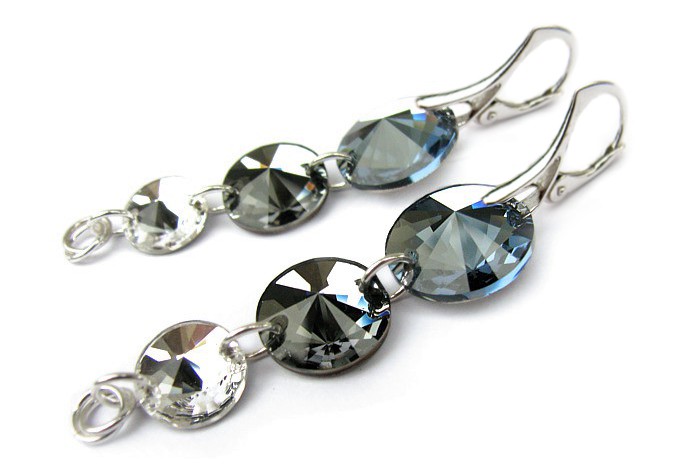 Długie, wiszące kolczyki srebrne z kryształami Swarovski - sprany jeans Denim Blue, grafit Silver Night oraz Crystal